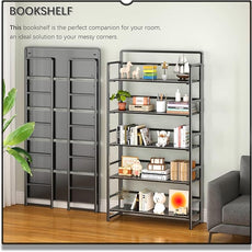 4NM No Assembly Extra Wide 5 Tiers Folding Bookshelf Storage Shelves Vintage Bookcase Standing Racks Study Organizer Home Office (All Black)