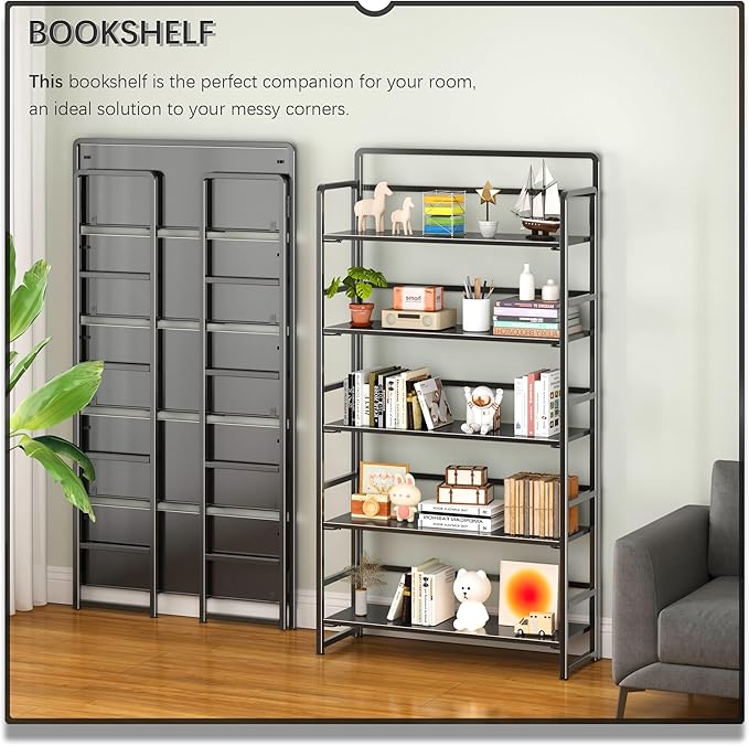 4NM No Assembly Extra Wide 5 Tiers Folding Bookshelf Storage Shelves Vintage Bookcase Standing Racks Study Organizer Home Office (All Black)