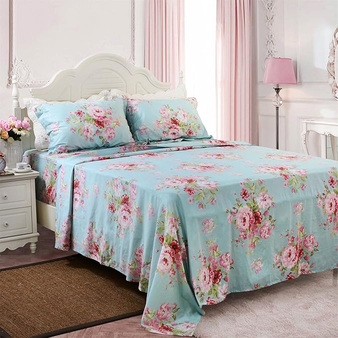 FADFAY Shabby Pink Floral Bed Sheet Set 100% Cotton Deep Pocket 4-Piece Twin Size