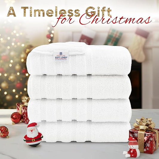 American Soft Linen Luxury 4 Piece Bath Towel Set, 600 GSM 100% Cotton Turkish Bath Towels for Bathroom, 27x54 in Extra Large Bathroom Shower Towels, White