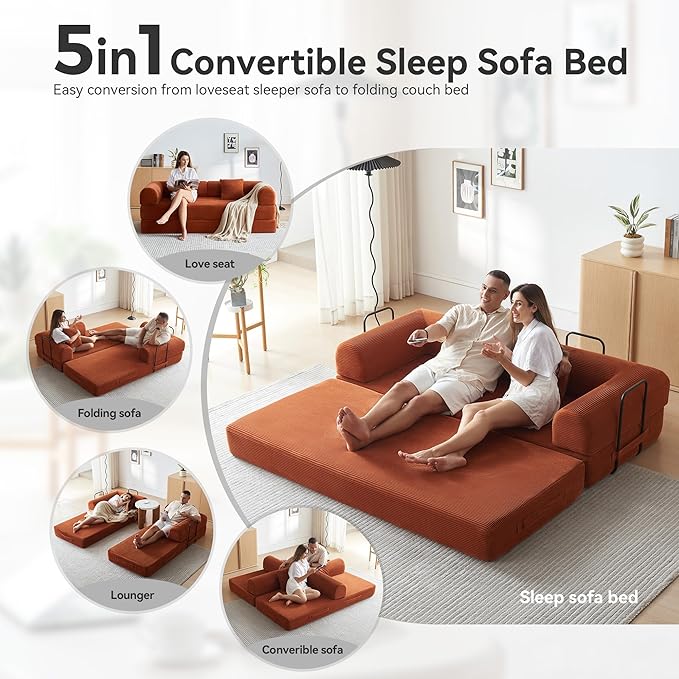 Convertible Sleeper Sofa with Cylindrical Pillow, Modern Corduroy Futon Bed, Modular Sofa with Pull-Out Bed, Love Seat Sleeper for Living Room, Small Space Apartment, Office (Orange)