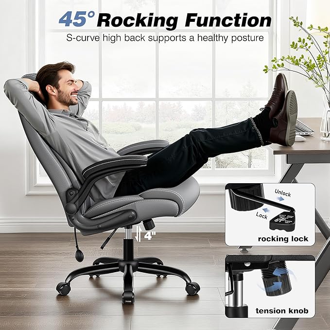 Ergonomic Office Chair - Desk Computer Chair, Leather High Back Executive Chairs with Adjustable Lumbar Support for Adults, Rolling Swivel Tilt, Gray