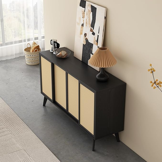 MUSEHOMEINC Large Sideboard Buffet Cabinet, 4-Rattan Door Sideboard Cabinet - Buffet Storage with Sliding Doors, Black Oak Finish for Dining Room, Kitchen, Entryway, Living Room