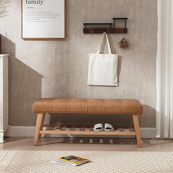 Farmhouse Upholstered Storage Entryway Bench with Shoe Shelf, 2 Tier Faux Leather Button Tufted Bench with Wooden Frame for End of Bed/Hallway/Reception/Living Room, Brown