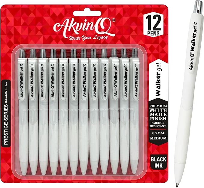 AKVINQ® Walker Gel Pens,12-Pack | 0.7mm Medium Point | Retractable Gel Ink Pen | Premium White Matte Finish | Black Ink | Smudge-Resistant | Comfortable Rubber Grip | Office & School Writing