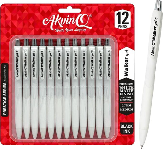 AKVINQ® Walker Gel Pens,12-Pack | 0.7mm Medium Point | Retractable Gel Ink Pen | Premium White Matte Finish | Black Ink | Smudge-Resistant | Comfortable Rubber Grip | Office & School Writing