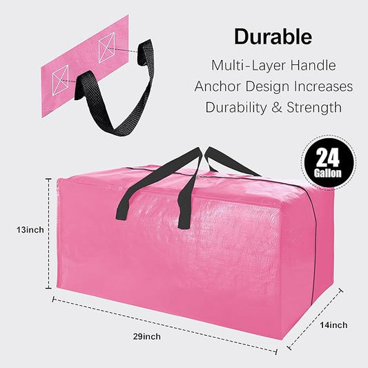 6 Pack Heavy Duty Large Moving Bags W/Backpack Straps - Strong Handles & Zippers, Storage Totes For Space Saving, Fold Flat, Alternative to Moving Box and Storage Bin, Pink