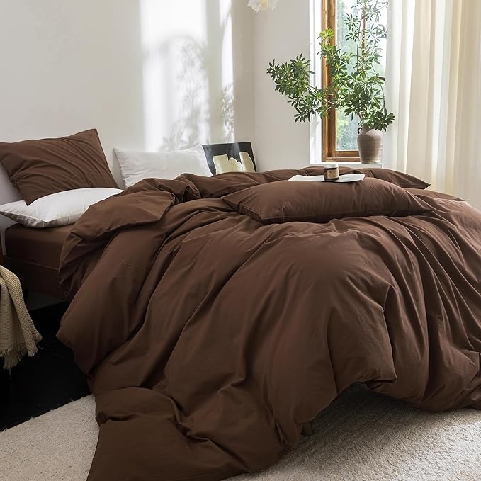 FOSSA Duvet Cover Set 100% Washed Cotton Linen Feel Super Soft Breathable Cozy 3 Pieces Bedding Sets Solid Cocoa Brown Oversized King