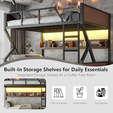 Queen over Queen Bunk Bed with Storage Shelves, Metal Bunk Beds with Ladders and LED Lights, Heavy-duty Bunkbed for Bedrooms, Guest Rooms and Dorms, No Box Spring Needed and Noise-free Design, Black