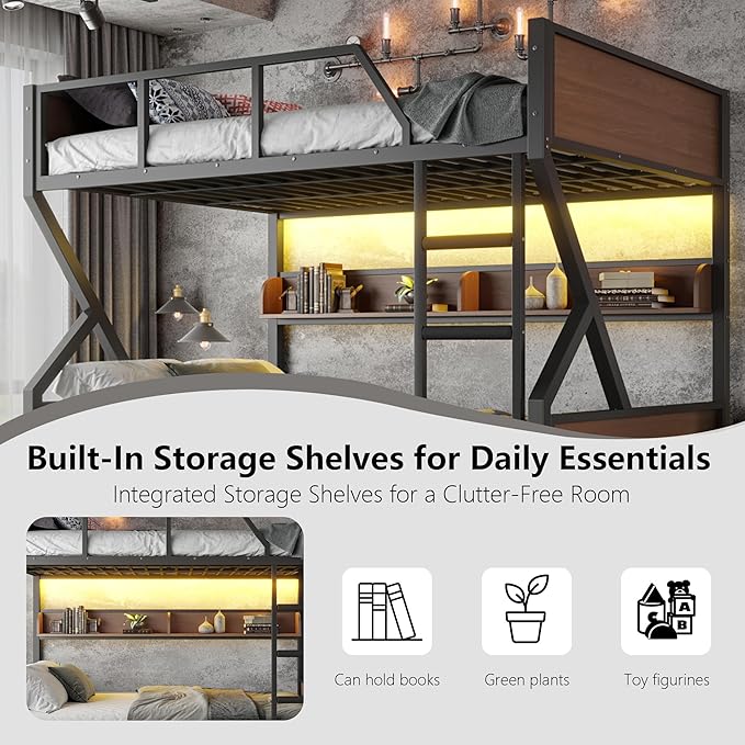 Queen over Queen Bunk Bed with Storage Shelves, Metal Bunk Beds with Ladders and LED Lights, Heavy-duty Bunkbed for Bedrooms, Guest Rooms and Dorms, No Box Spring Needed and Noise-free Design, Black