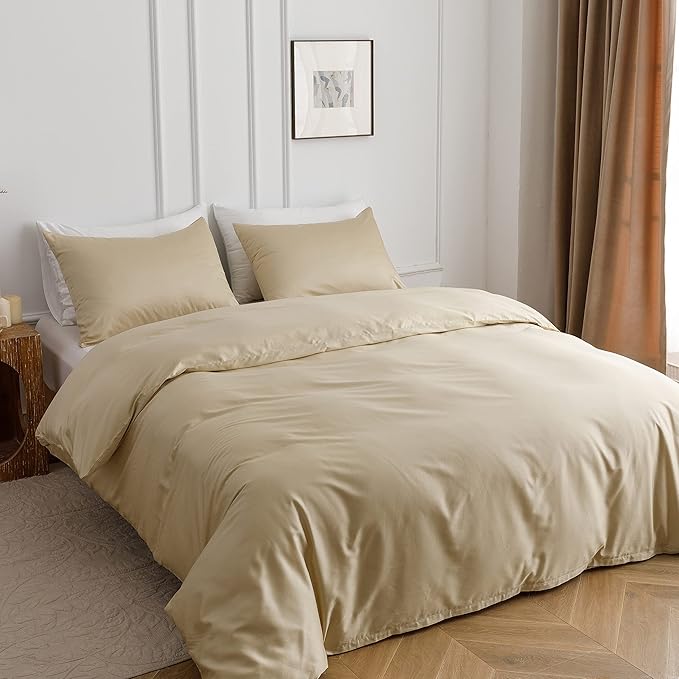 HeimenAogo Egyptian Cotton Duvet Cover Full Sateen Weave, Silky Soft and Breathable Bedding Set with Zipper Closure, Long Staple Cotton Bed Linen Cream 3Pcs (80"×90")