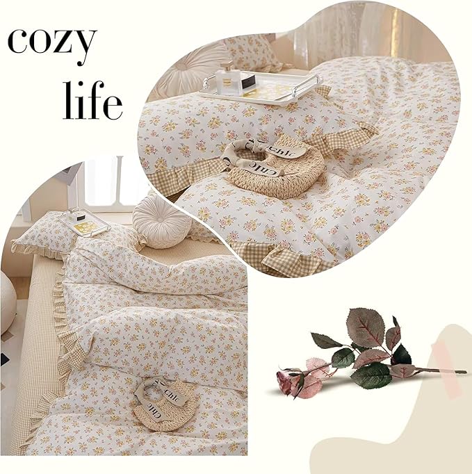 MKXI Queen Size Pink & Yellow Floral Ruffled Comforter Set - 3 Piece Cottagecore Style Reversible Bed Set with Beige Plaid Pattern, Soft Aesthetic Bedding Set for Girls Wome