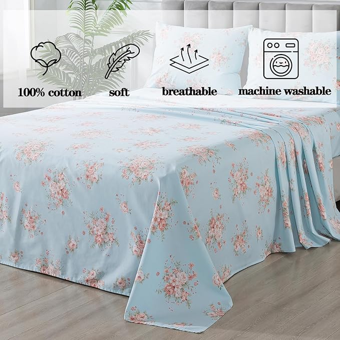 FADFAY Sheets Set Queen Blue Rose Floral Bedding Rustic Peony Flower Bed Sheet Set Vintage Farmhouse Bedding 100% Cotton Ultra Soft Breathable Beddings with Deep Pocket Fitted Sheet 4Pcs, Queen Size
