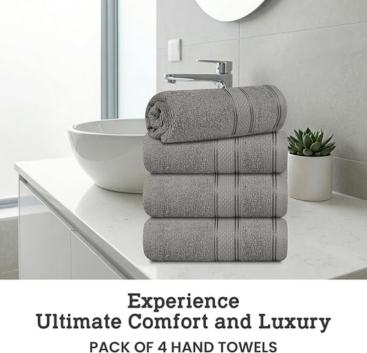 Casa Lino 100% Cotton Hand Towels for Bathroom - Soft, Highly Absorbent & Quick Dry Kitchen Towels - Gym Towel Set - Travel Towel Set - 24" x 16" - Pack of 4 - (Silver Grey)