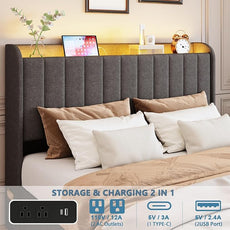 Full Bed Frame with 4 Drawers and Storage Headboard, Upholstered Platform Bed Frame Full Size with Led Lights and Handy Charging Station, No Box Spring Needed, Easy Assembly, Noise Free, Gray