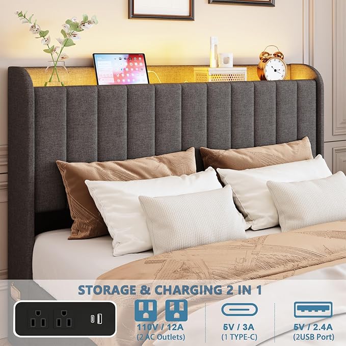 Full Bed Frame with 4 Drawers and Storage Headboard, Upholstered Platform Bed Frame Full Size with Led Lights and Handy Charging Station, No Box Spring Needed, Easy Assembly, Noise Free, Gray