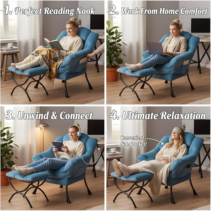 Tiita Lazy Chair with Ottoman, Modern Large Accent Lounge Armchair, Comfy Leisure Sofa Reading Chair with Footrest for Bedroom, Living Room, Dorm Rooms, Garden and Courtyard, Velvet Light Blue