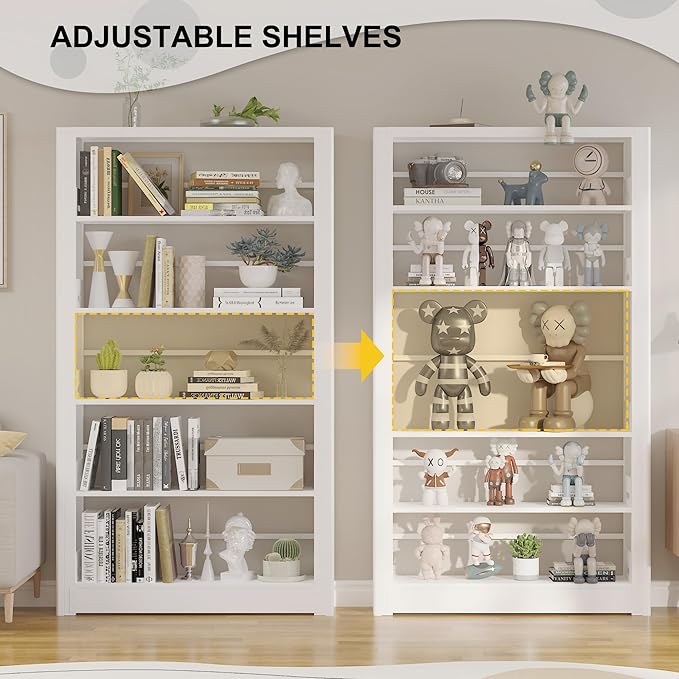 White Bookshelf, 5 Tier Tall Bookshelf, Metal Bookshelves and Bookcases with Adjustable Shelves, Large Bookshelf Open Display Shelves with for Study, Office, Corner (69" H)