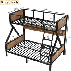 Twin over Full Bunk Bed with Storage Shelves, Metal Bunk Beds with Ladders and Lights, Heavy-duty Bunkbed for Bedrooms, Guest Rooms and Dorms, No Box Spring Needed and Noise-free Design, Woodgrain