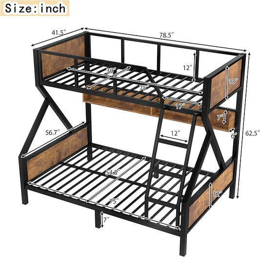 Twin over Full Bunk Bed with Storage Shelves, Metal Bunk Beds with Ladders and Lights, Heavy-duty Bunkbed for Bedrooms, Guest Rooms and Dorms, No Box Spring Needed and Noise-free Design, Woodgrain