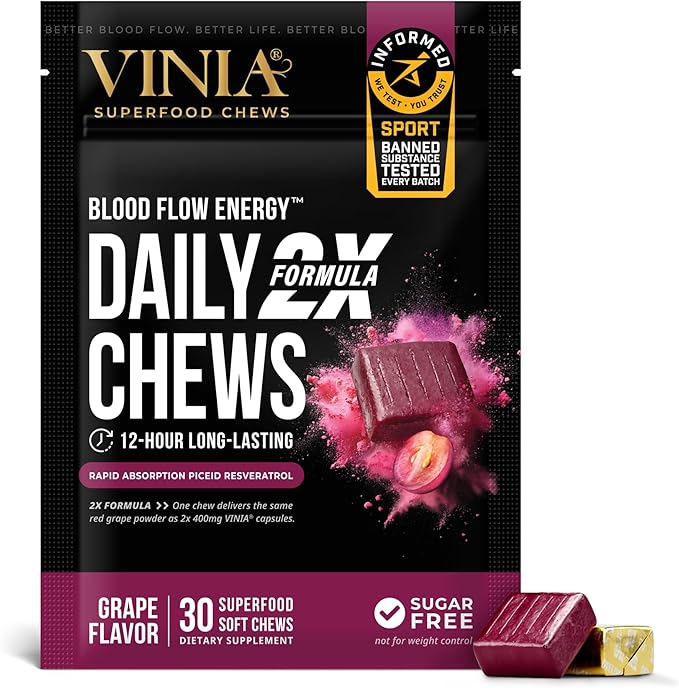 VINIA Resveratrol Heart Chews. Nitric Oxide, Blood Flow & Circulation Support | Heart Health Energy Supplement | Non-GMO, Sugar Free & Gluten Free, Grape Flavor, 30 Count