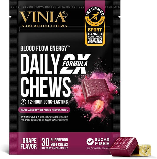 VINIA Resveratrol Heart Chews. Nitric Oxide, Blood Flow & Circulation Support | Heart Health Energy Supplement | Non-GMO, Sugar Free & Gluten Free, Grape Flavor, 30 Count