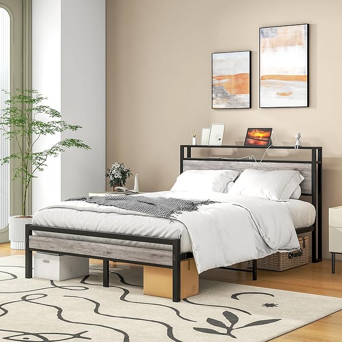 HOJINLINERO Full Size Bed Frame with Storage Headboard/USB Charging Station,Metal Platform Bed Frame Full Size No Box Spring Needed,Noise-Free,Strong Steel Slats Support,Warm Grey