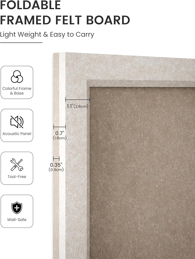 Foldable Cork Board Alternative, Felt Bulletin Board 36" x 24" Oatmeal Frame with 24 Adhesive Tabs, Pin Board for Home Office, Classroom, Entryway, Kitchen Wall Decor—Deep Camel