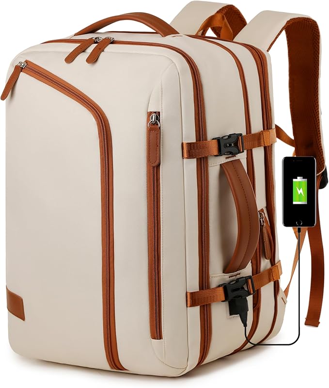 Travel Laptop Backpack for Men Women, Airline Approved Personal carry on Backpack with USB Charging Port,35L Large Water Resistant Durable anti theft Capacity Student Bag Fits 15.6 Inch Notebook,Cream