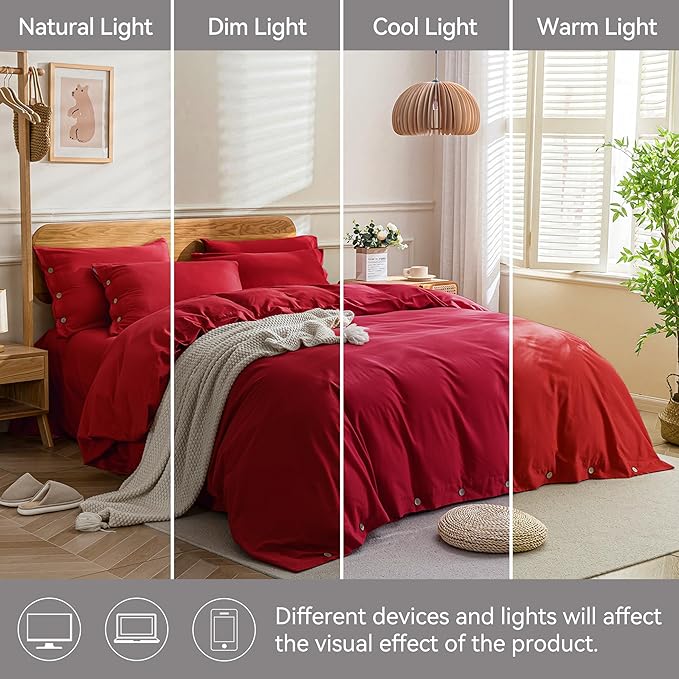 JELLYMONI Cotton Duvet Cover Twin Size - Crimson Red Comforter Cover with Button 100% Washed Cotton 2PCS Breathable Soft Solid Bedding Set Duvet Cover 68×90in & 1 Pillowcase (NO Comforter)