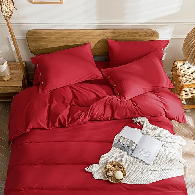 JELLYMONI Cotton Duvet Cover Full Size - Crimson Red Comforter Cover with Button 100% Washed Cotton 3PCS Breathable Soft Solid Bedding Set Duvet Cover 80×90in & 2 Pillowcases (NO Comforter)