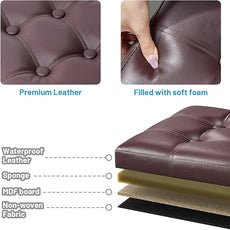 Storage Ottoman Foot Rest Stool, Small Leather Storage Ottomans Bench, Folding Footstool with Side Pockets, Foot Rest Under Desk for Living Room Bedroom, 17x13x13 in, Brown