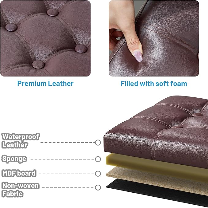 Storage Ottoman Foot Rest Stool, Small Leather Storage Ottomans Bench, Folding Footstool with Side Pockets, Foot Rest Under Desk for Living Room Bedroom, 17x13x13 in, Brown