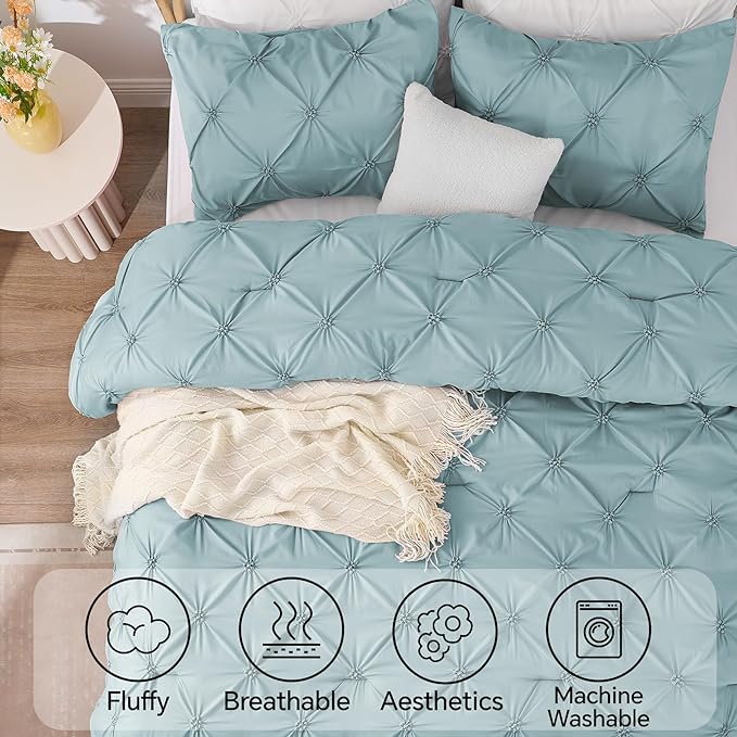 BEDELITE Dusty Blue King Size Comforter Set - 3 Pieces Boho Pintuck Bedding Comforter Sets, Lightweight Soft & Warm King Bedding Set with 2 Pillowcases for All Season
