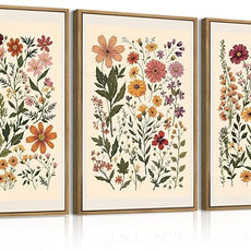 BINCUE Neutral Framed Wildflower Wall Art Set of 3 Colorful Floral Wall Decor Vintage Flower Art Prints Set of 3 for Living Room Bedroom Bathroom 16x24 Inches