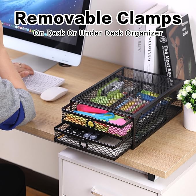 ROSYLINE Under Desk & Desktop Drawer Organizer - 2-Tier Metal Slide Out Drawers Organizer, Storage for Home Office Desk (Black)