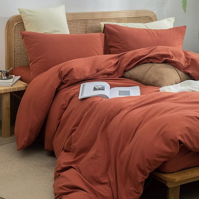 BESTOUCH Duvet Cover Set 100% Washed Cotton Linen Feel Super Soft Comfortable Chic Lightweight 3 PCs Home Bedding Set Solid Crimson Red Full/Double