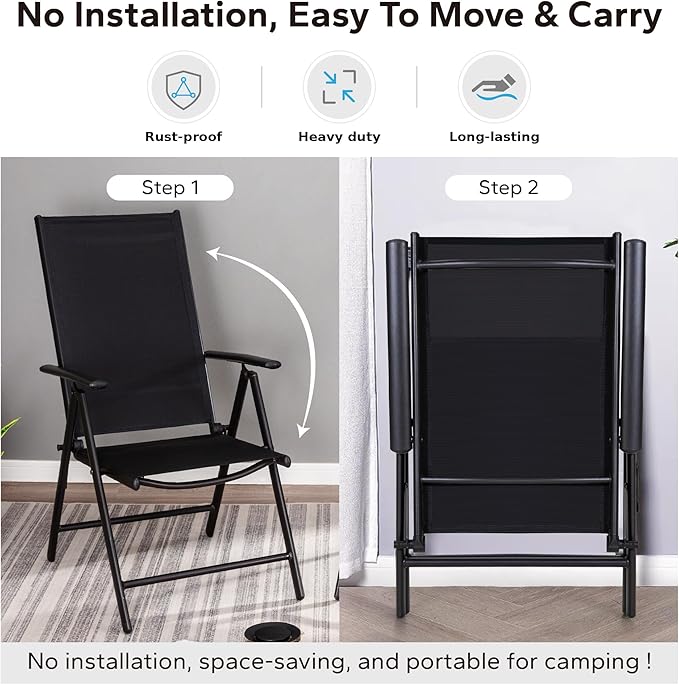 MFSTUDIO Patio Folding Chairs Set of 6, Outdoor Patio Dining Chairs, Portable Black Sling Patio Chairs, 7 Levels Adjustable Sling Back Chairs for Backyard Lawn Garden