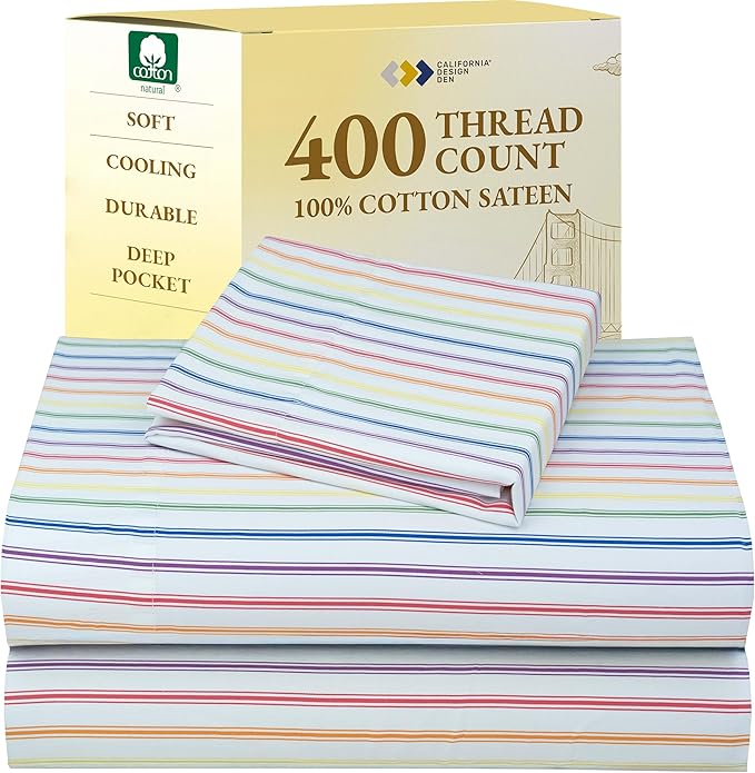 California Design Den Deep Pocket Twin Sheets Set - 400 Thread Count Sateen, Natural 100% Cotton Sheets, and Durable Bedding Set - Rainbow Striped