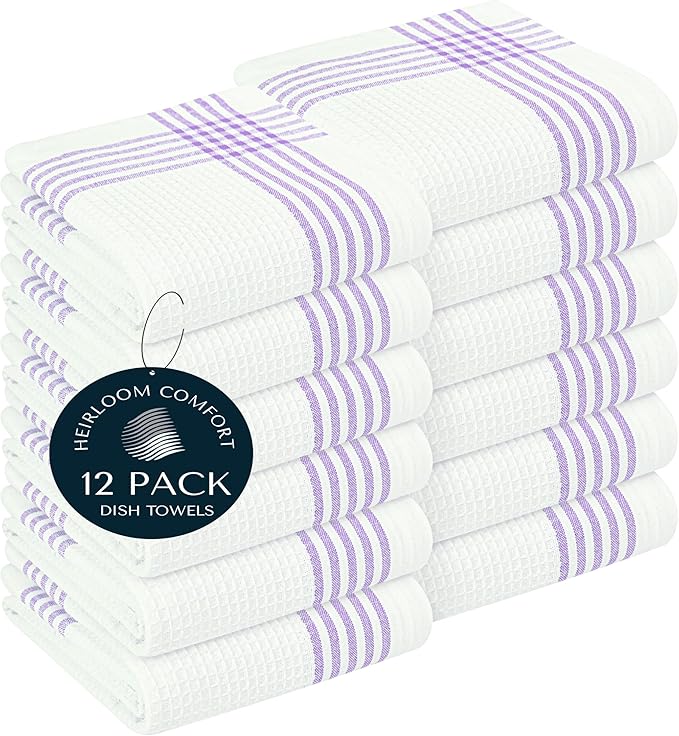Lavender and White Kitchen Towels 12 Pack, 16x26 Inch, 100% Cotton Waffle Weave, Super Absorbent, Quick Dry, Soft & Durable Dish Towels for Drying, Cooking, Cleaning Tasks