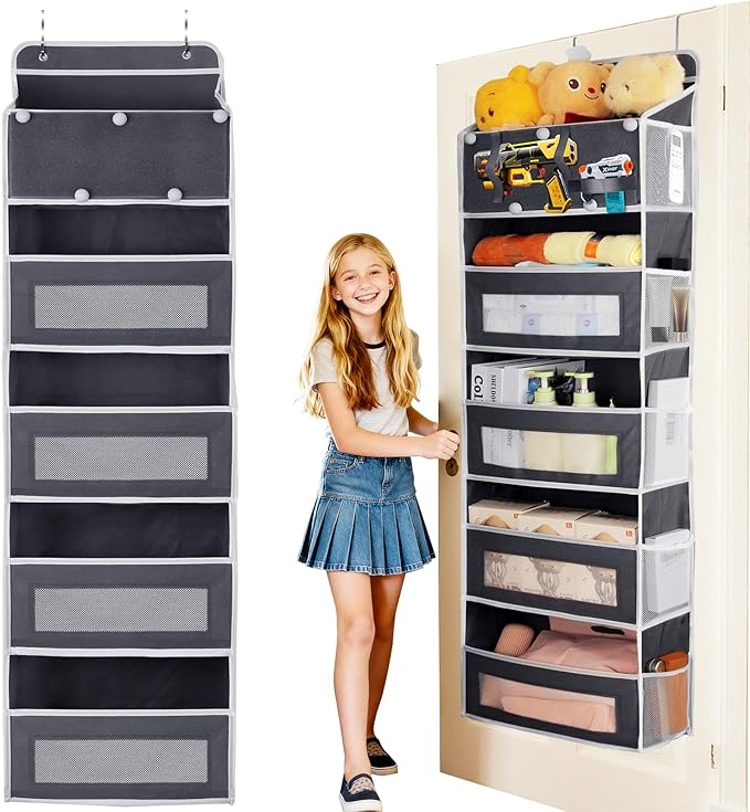 Over the Door Organizer, Large Capacity 5 Shelfs Hanging Door Organizer with Pockets and DIY Slots for Toys, Shoes, Diapers, Clothes, Behind Door Storage for Closet Wall Bedroom Nursery Pantry, Gray