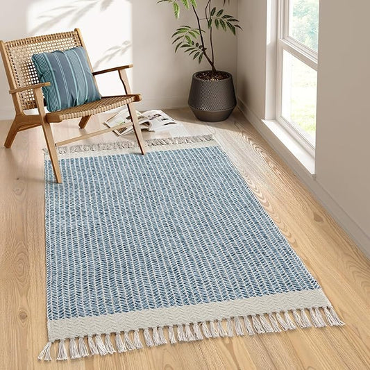Lahome Boho Bedroom Rug, 3x5 Blue Office Rug Lightweight Bath Door Mats Indoor Woven Entry Rugs with Tassels, Non Shedding Washable Throw Farmhouse Carpet for Living Room Camper RV