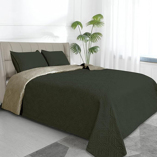 Easy-Going Full/Queen Size Reversible Quilt Set with 1 Quilt and 2 Pillow Shams, Soft Bed Quilt Cover, Water Resistant Lightweight Microfiber Bedspread, Stain Resistant, Olive Leaf-Army Green/Beige