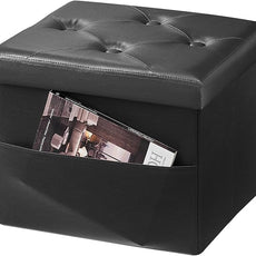 AmasSmile Storage Ottoman Folding Foot Rest Stool, Leather Footstool Bench, Short Ottoman Stool, Storage Foot Rest Store, Books (Side Pocket Black, 17