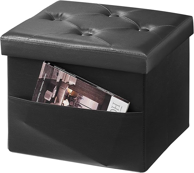 AmasSmile Storage Ottoman Folding Foot Rest Stool, Leather Footstool Bench, Short Ottoman Stool, Storage Foot Rest Store, Books (Side Pocket Black, 17" D x 13" W x 13" H)