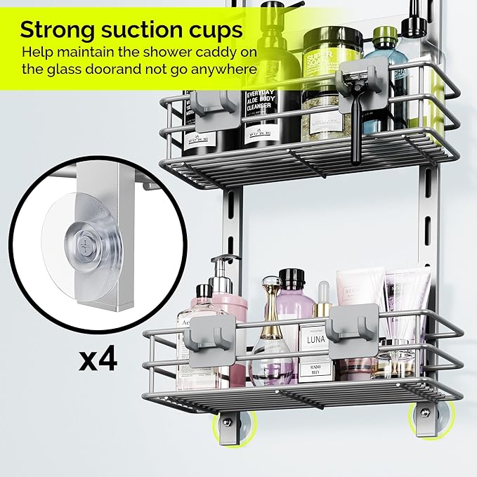 Orimade Over The Door Shower Caddy Adjustable 3 Tier Silver,Bathroom Hanging Organizer Shelf Rustproof with 4 Hooks,Shower Basket with Soap Holder and Suction Cup
