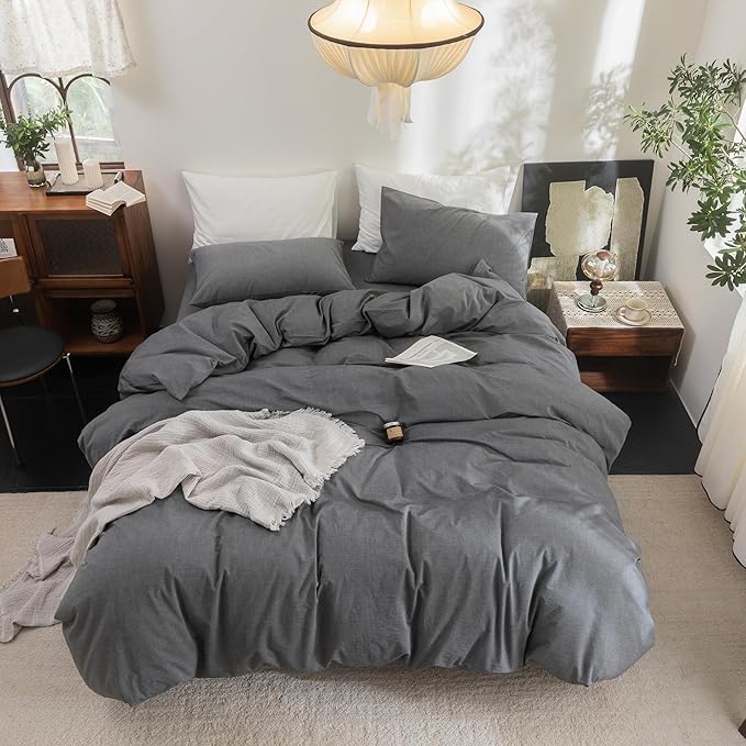 FOSSA Duvet Cover Set 100% Washed Cotton Linen Feel Super Soft Breathable Cozy 3 Pieces Bedding Sets Solid Dark Grey Super King Plus