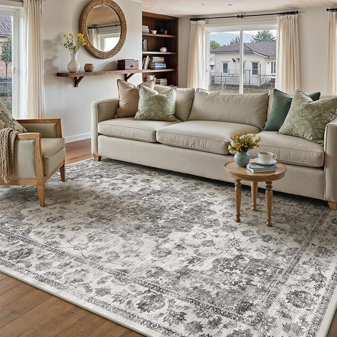 6x9 Washable Neutral Area Rug Black Vintage Living Room Bedroom Carpet Non-Slip Soft Low Pile Floral Indoor Throw Rug for Dining Room Entryway Office
