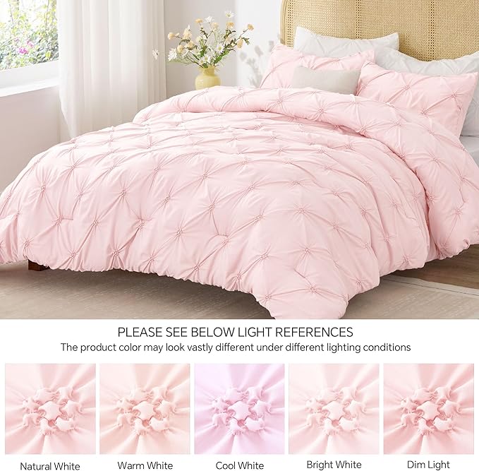 BEDELITE Baby Pink Comforter Set Full - 3 Peices Boho Pintuck Bedding Comforter Sets, Lightweight Soft & Warm Twin Bedding Sets with 2 Pillowcase for All Season