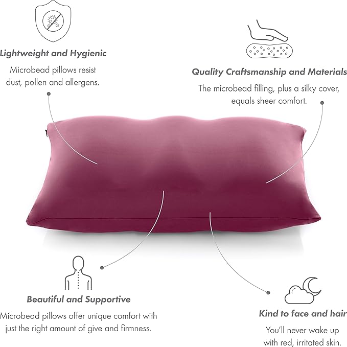 Premium Microbead Bed Pillow, Small Extra Fluffy But Supportive - Ultra Comfortable Sleep with Silk Like Anti Aging Cover 85% Spandex/ 15% Nylon Breathable, Cooling Burgundy Merlot